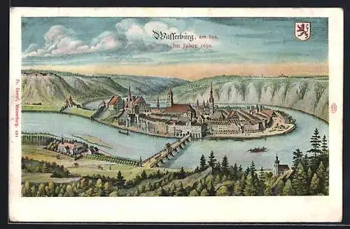 Künstler-AK Wasserburg / Inn, Totale aus dem Jahre 1650