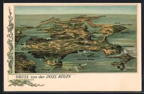 Lithographie Rügen, Insel aus der Vogelschau