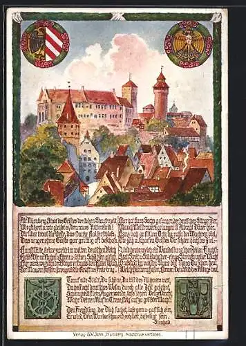 Künstler-AK Nürnberg, Ortsansicht mit Burg, Wappen und Gedicht