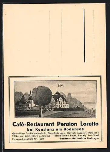 Künstler-AK Konstanz am Bodensee, Café-Restaurant Pension Loretto, Inh. Geschw. Bechinger