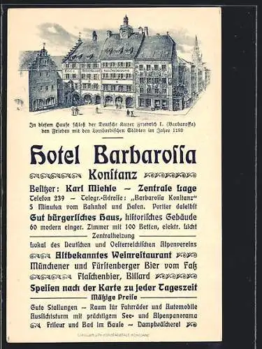 Künstler-AK Konstanz, Das Hotel Barbarossa v. Karl Miehle