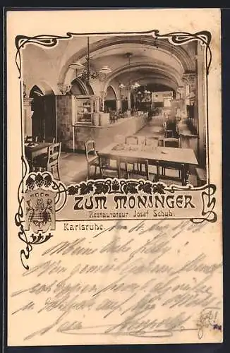 AK Karlsruhe, Restaurant Zum Moninger v. Josef Schub, Innenansicht, Jugendstil-Passepartout