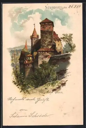 Lithographie Nürnberg, Blick auf den fünfeckigen Turm