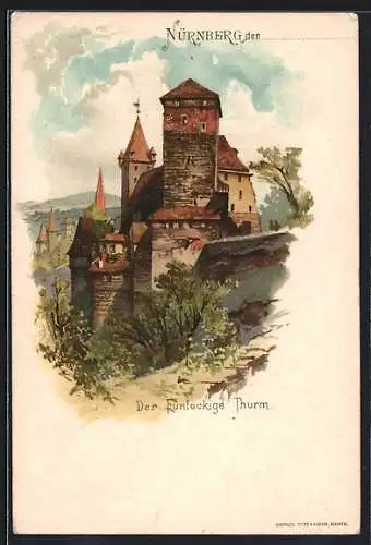 Lithographie Nürnberg, Blick auf den Fünfeckigen Turm