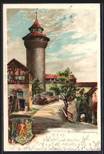 Lithographie Nürnberg, Partie am Brunnenhäuschen