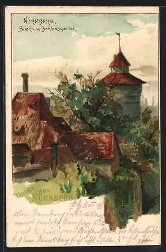 Lithographie Nürnberg, Blick vom Schlossgarten