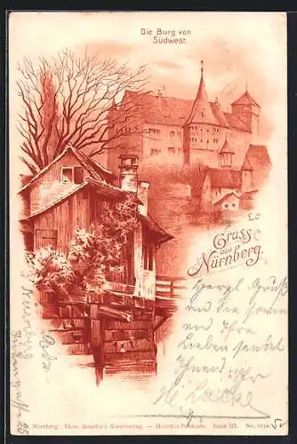 Lithographie Nürnberg, Die Burg von Südwest