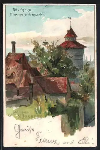 Lithographie Nürnberg, Blick vom Schlossgarten