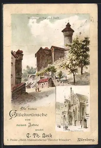 Lithographie Nürnberg, Aufgang zur Burg v. d. Stadt, Frauenkirche, Neujahrskarte