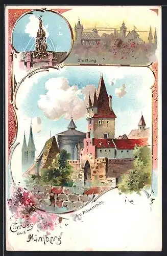 Lithographie Nürnberg, Partie am Frauenthor, Blick zur Burg