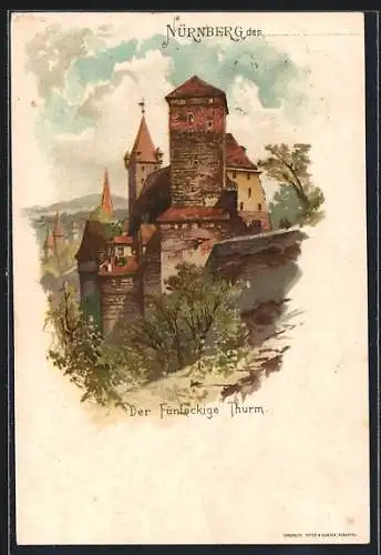 Lithographie Nürnberg, Blick auf den Fünfeckigen Turm