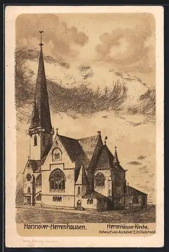 Lithographie Hannover-Herrenhausen, Blick auf die Herrenhäuser Kirche