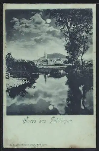 Mondschein-AK Tuttlingen, Ortsansicht über das Wasser