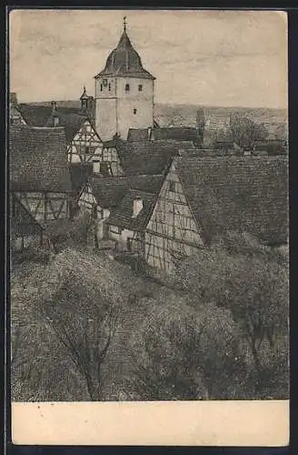 Künstler-AK Sersheim, Teilansicht mit Kirche