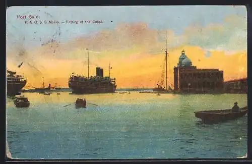 AK Port Said, Passagierschiff P. & O. S. S. Morea, Entring at the Canal, Ruderboote