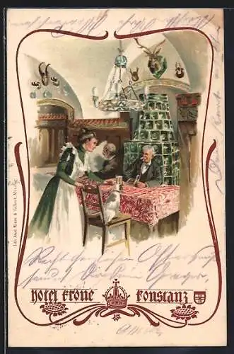 Lithographie Konstanz, Hotel Restaurant Krone v. Gebr. Ruppaner, Innenansicht