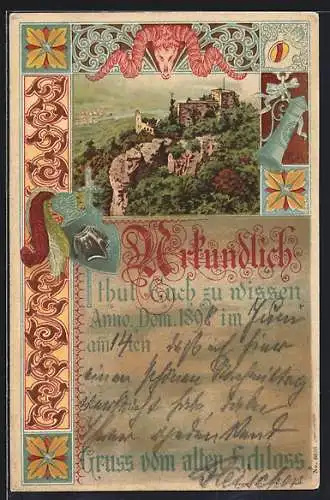 Lithographie Heidelberg, Altes Schloss 1898 im Passepartoutrahmen