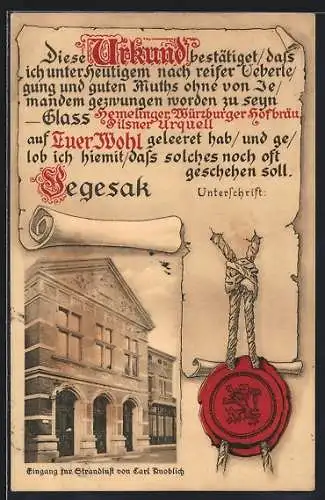 AK Vegesack, Das Gasthaus Strandlust v. Carl Knoblich, Trinkerurkunde