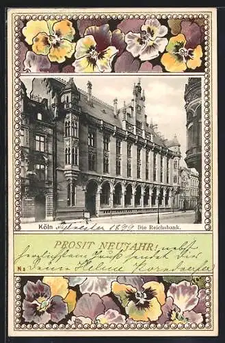 AK Köln, Partie an der Reichsbank, Jugendstil-Passepartout, Neujahrskarte