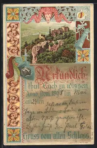 Lithographie Heidelberg, Altes Schloss 1898 im Passepartoutrahmen