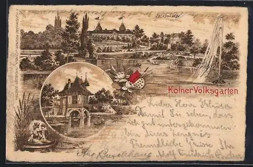 Lithographie Köln-Neustadt, Der Volksgarten mit kleinem Seeschlösschen