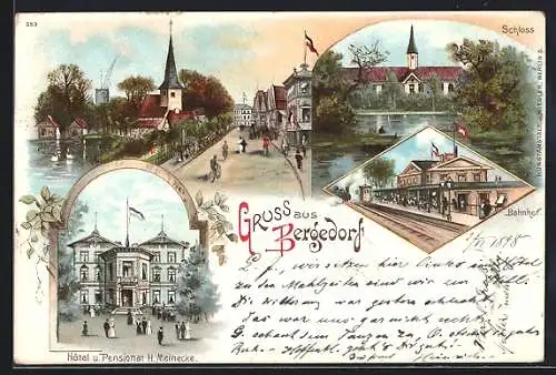 Lithographie Hamburg-Bergedorf, Bahnhof mit einfahrendem Zug, Denkmal Kaiser Wilhelm I., Schloss