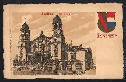 Lithographie Pforzheim, Der Gasthof Saalbau, Rückseite, Stadtwappen