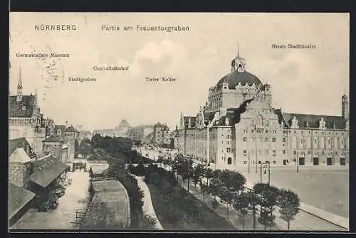 AK Nürnberg, Partie am Frauentorgraben mit Blick auf das Germanische Museum, Stadtgraben