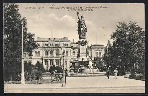 AK Frankfurt-Ostend, Restaurations-Gebäude des Zoologischen Gartens, Schützenbrunnen