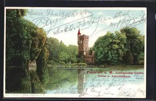 Lithographie Frankfurt a. M., Zoologischer Garten: Weiher mit Aussichtsturm