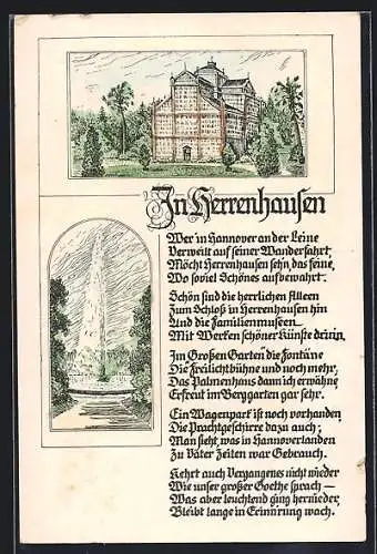 AK Hannover-Herrenhausen, Palmenhaus und Fontäne mit Gedicht