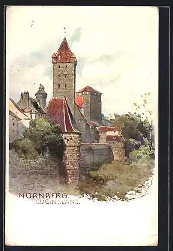 Künstler-AK Nürnberg, Luginsland, Blick auf den Wehrturm