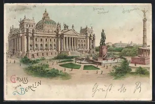 Lithographie Berlin-Tiergarten, Reichstag, Bismarckdenkmal und Siegessäule