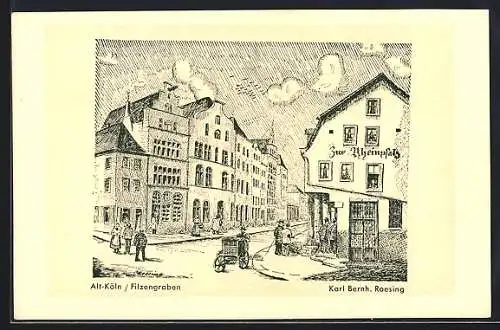 Künstler-AK Köln, Gasthaus zur Rheinpfalz am Filzengraben