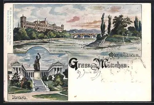 Lithographie München, Maximilianeum und Bavaria