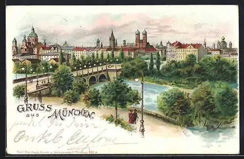 Lithographie München, Maximiliansbrücke an der Isar, Vollmond