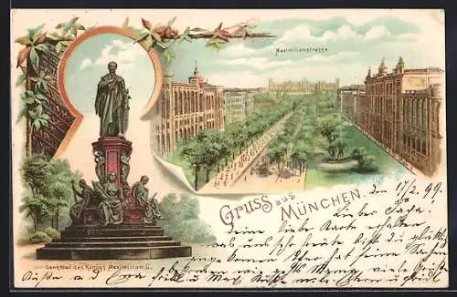 Lithographie München, Denkmal des Königs Maximilian II, Maximilianstrasse