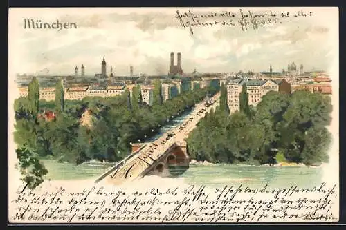 Lithographie München, Blick auf die Maximiliansbrücke