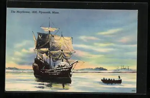 Künstler-AK Plymouth, Mass., Segelschiff Mayflower 1620