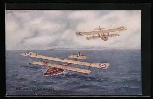 AK British Flying Boats, Wasserflugzeuge landen auf dem Meer