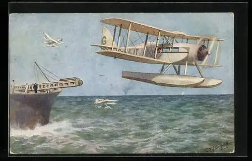 Künstler-AK Wasserflugzeug D. H. Seaplane, Kriegsschiff