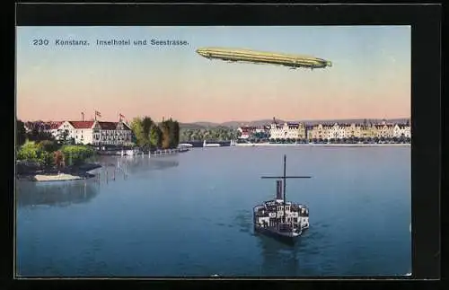 AK Konstanz, Zeppelin über Inselhotel und Seestrasse