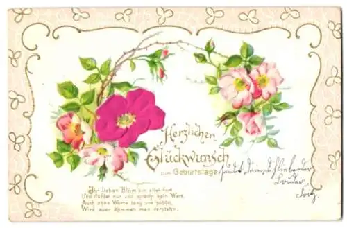 Stoff-Präge-AK Geburtstagskarte mit einer Blüte aus echtem Stoff