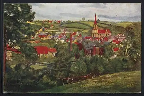 Künstler-AK Eupen, Ortsansicht mit der Kirche