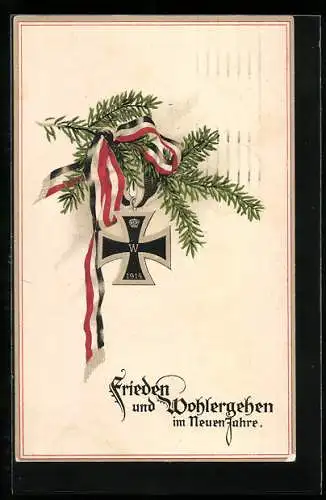 AK Weihnachtsgrüsse, Eisernes Kreuz mit Tannenzweig und Band in preussischen Farben