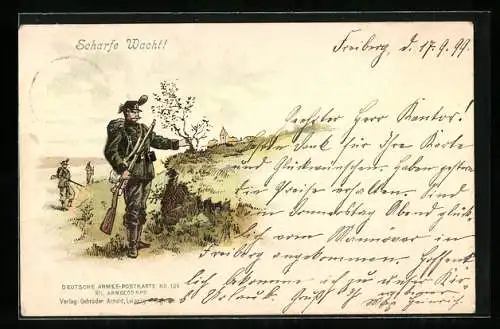 Lithographie Soldat in Uniform an einer Böschung bei der Wacht