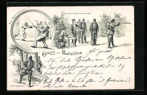 AK Infanterie-Bataillon, beim Bajonnettieren, auf dem Scheibenstande, auf Vorposten