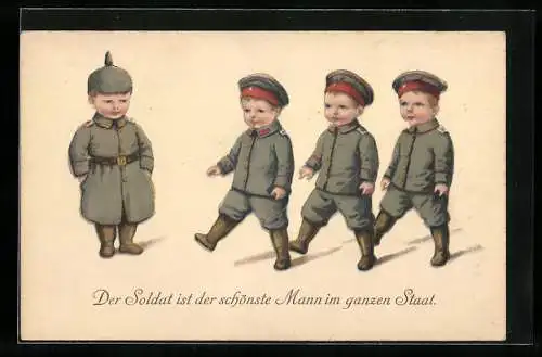 Künstler-AK Kinder Kriegspropaganda, niedliche Kindersoldaten in Uniformen