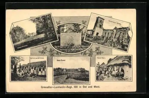 AK Grenadier-Landwehr-Reg. 100 in Ost und West, Schloss Türkheim, Gondrexon-Kirche, Panje-Haus, Nowo-Szwiet