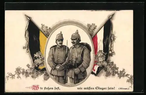 AK Deutscher und Österreichischer Soldat geben sich die Hand, Habsburger und Deutsche Reichsflagge, Zweibund